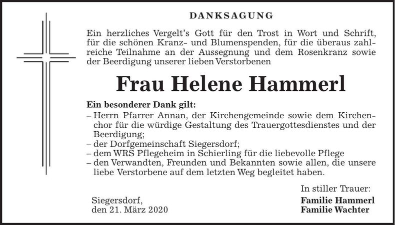 Traueranzeige Helene Hammerl