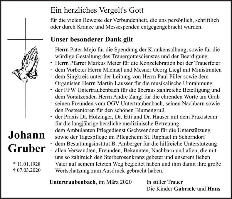 Traueranzeige Johann Gruber