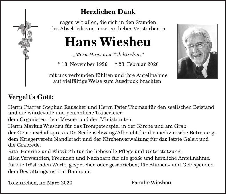 Traueranzeige Hans Wiesheu