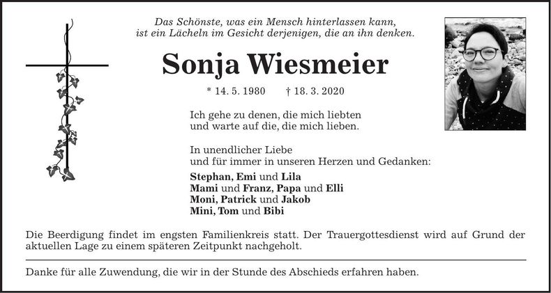 Traueranzeige Sonja Wiesmeier