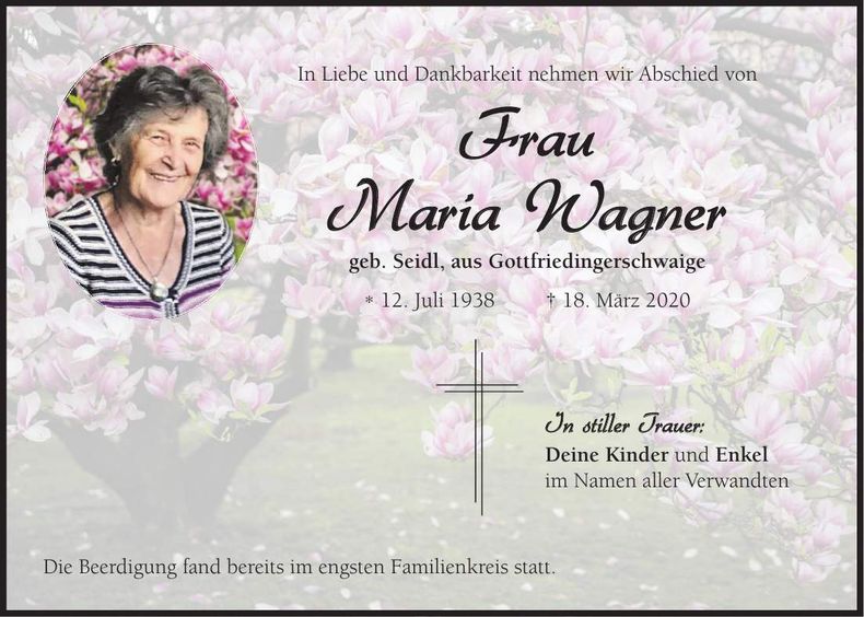 Traueranzeige Maria Wagner