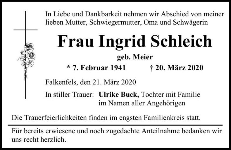 Traueranzeige Ingrid Schleich