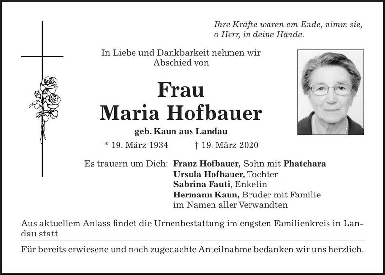 Traueranzeige Maria Hofbauer