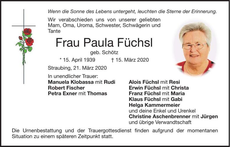 Traueranzeige Paula Füchsl