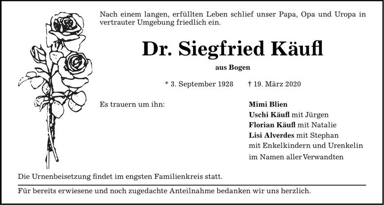 Traueranzeige Siegfried Dr. Käufl