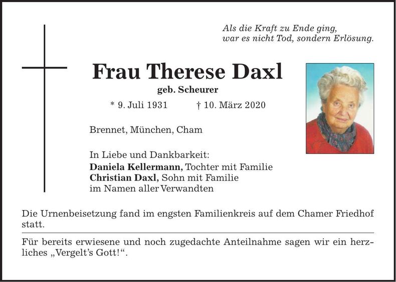 Traueranzeige Therese Daxl