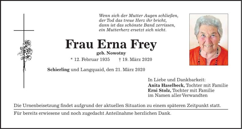 Traueranzeige Erna Frey