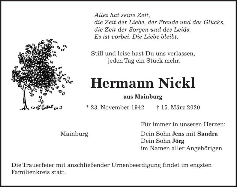 Traueranzeige Hermann Nickl
