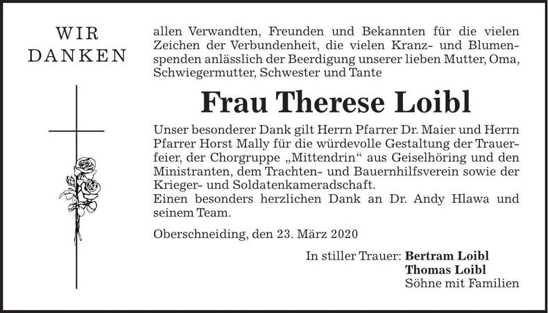Traueranzeige Therese Loibl