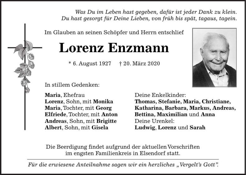 Traueranzeige Lorenz Enzmann