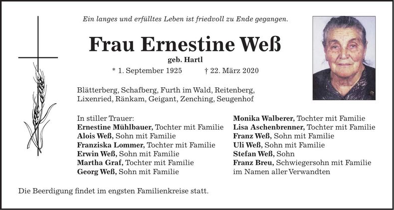 Traueranzeige Ernestine Weß