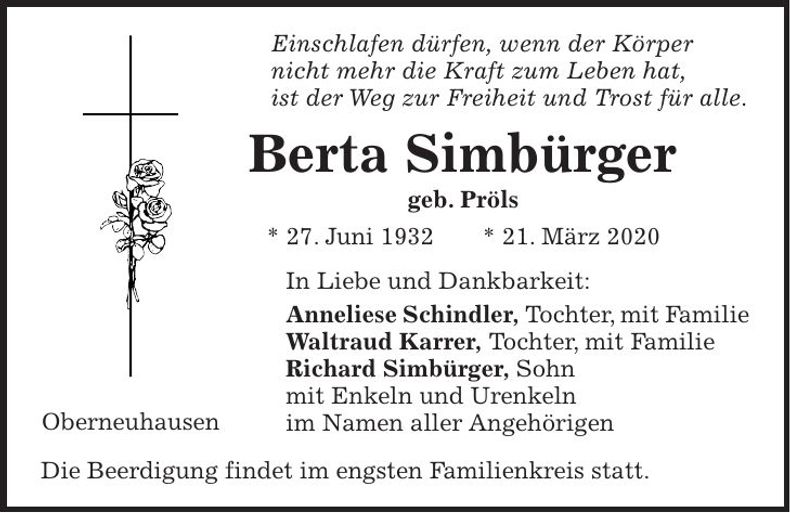 Traueranzeige Berta Simbürger