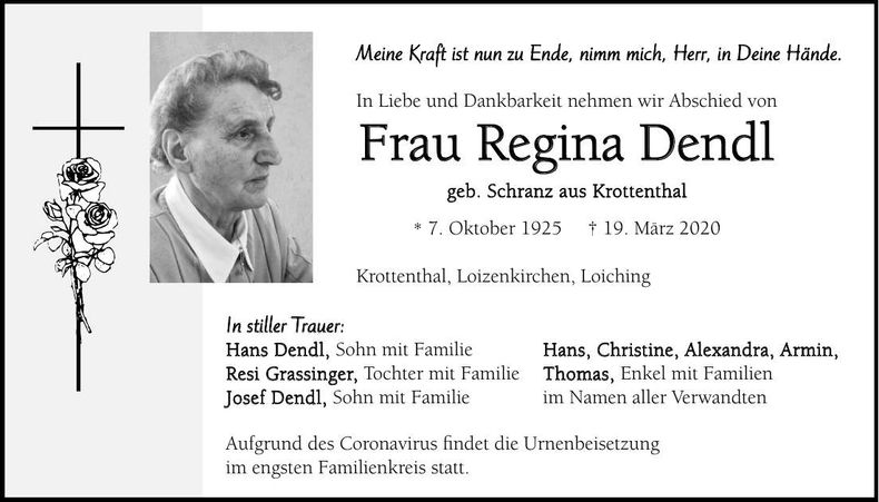 Traueranzeige Regina Dendl