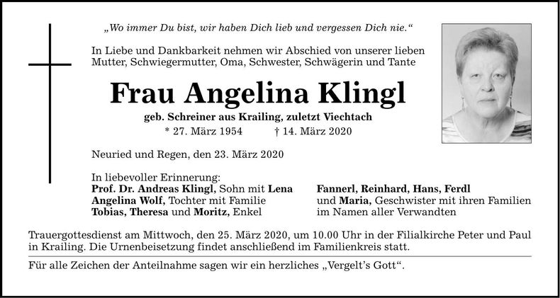 Traueranzeige Angelika Klingl