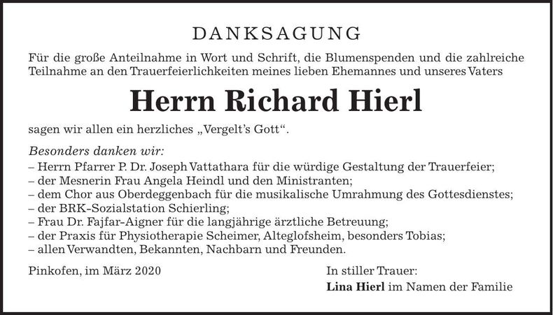 Traueranzeige Richard Hierl