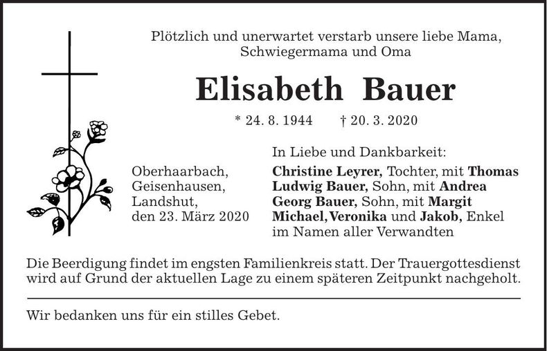 Traueranzeige Elisabeth Bauer