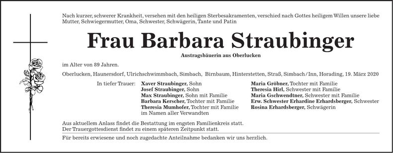 Traueranzeige Barbara Straubinger