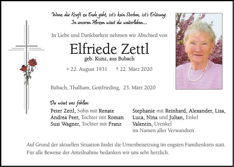 Traueranzeige Elfriede Zettl