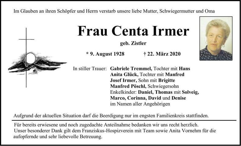 Traueranzeige Centa Irmer