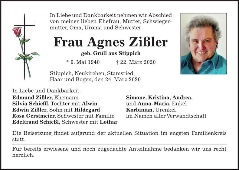 Traueranzeige Agnes Zißler