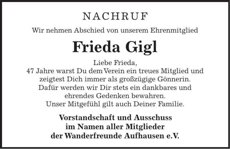 Traueranzeige Frieda Gigl