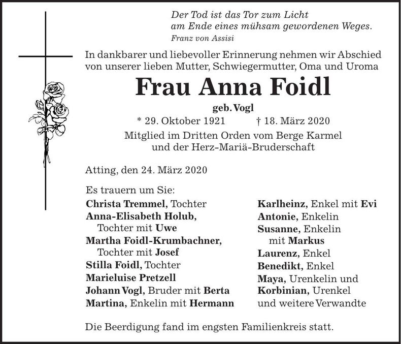 Traueranzeige Anna Foidl