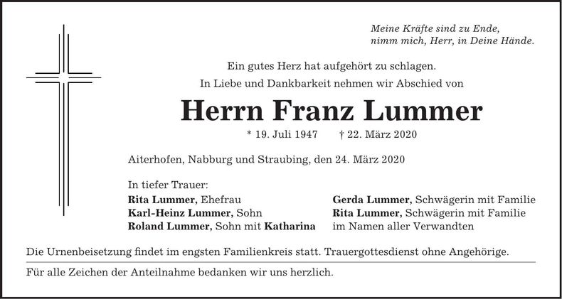 Traueranzeige Franz Lummer