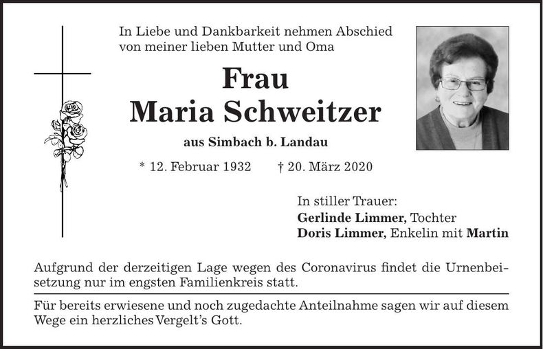 Traueranzeige Maria Schweitzer