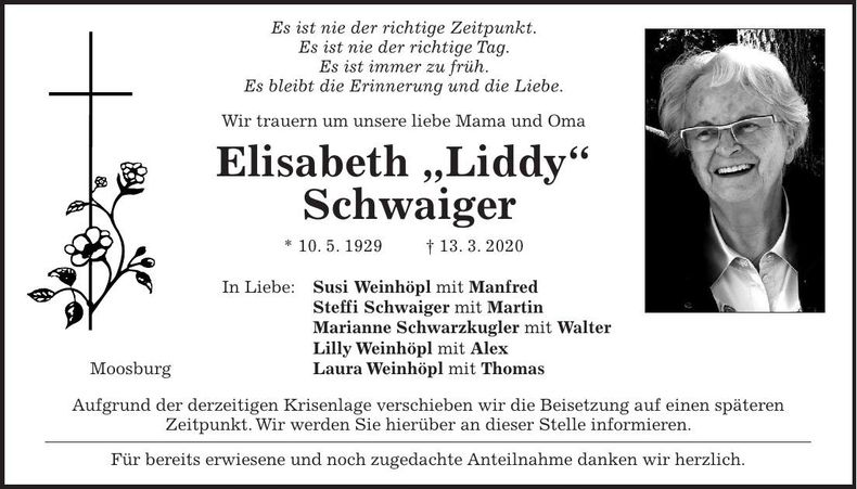Traueranzeige Elisabeth Schwaiger