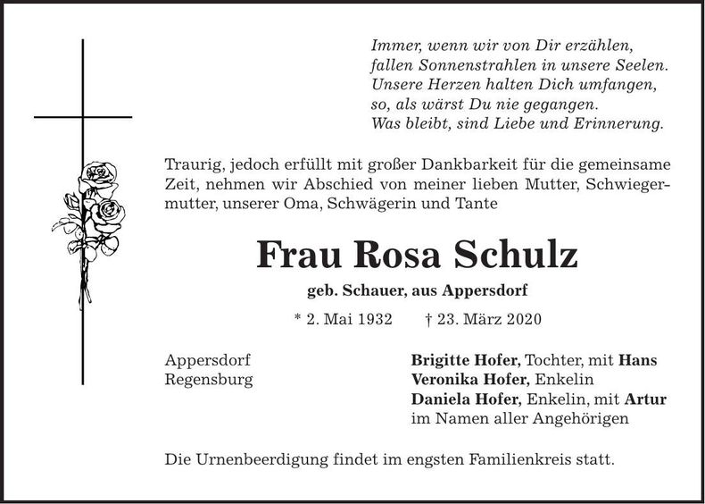 Traueranzeige Rosa Schulz