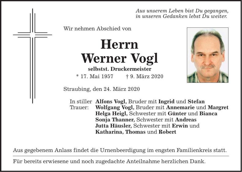 Traueranzeige Werner Vogl