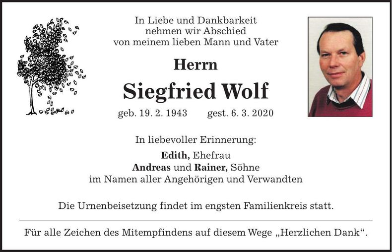 Traueranzeige Siegfried Wolf