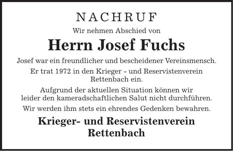 Traueranzeige Josef Fuchs