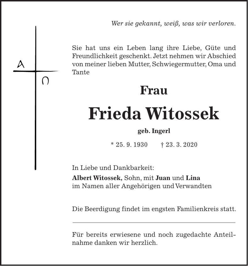 Traueranzeige Frieda Witossek