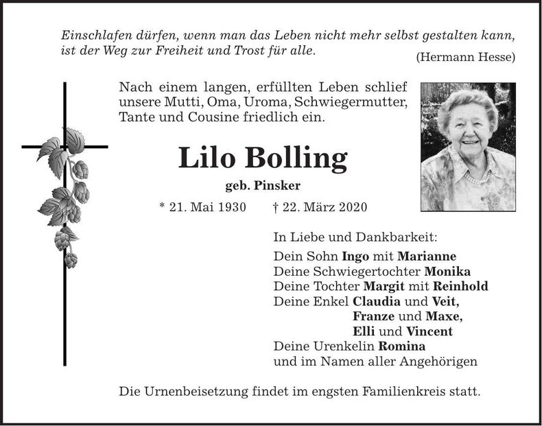 Traueranzeige Lilo Bolling