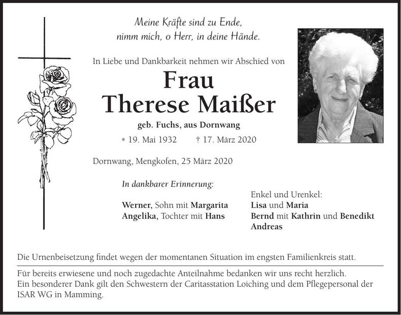 Traueranzeige Therese Maißer