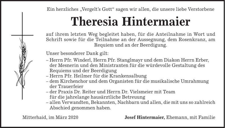 Traueranzeige Theresia Hintermaier