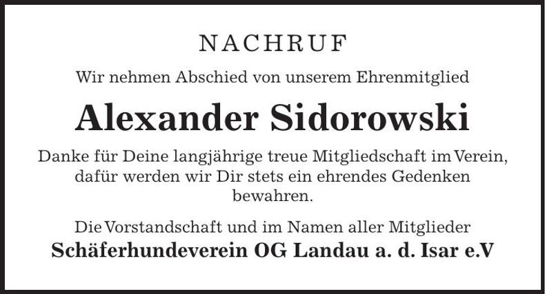 Traueranzeige Alexander Sidorowski