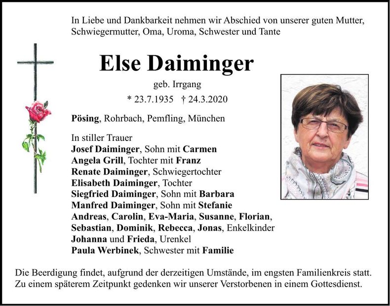 Traueranzeige Else Daiminger