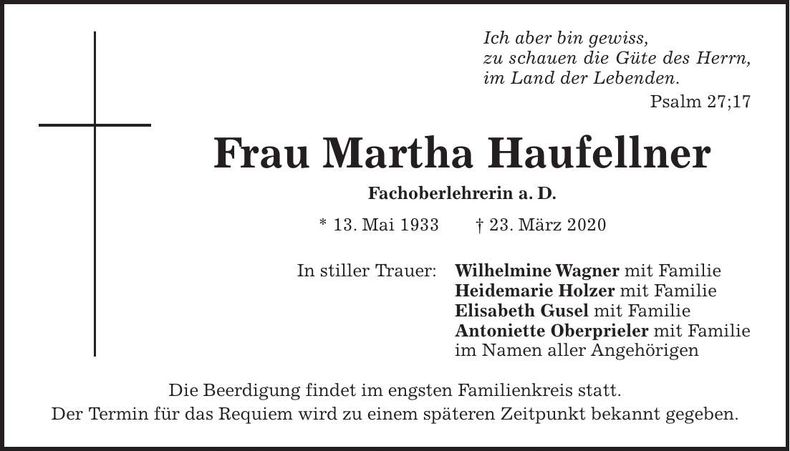 Traueranzeige Martha Haufellner