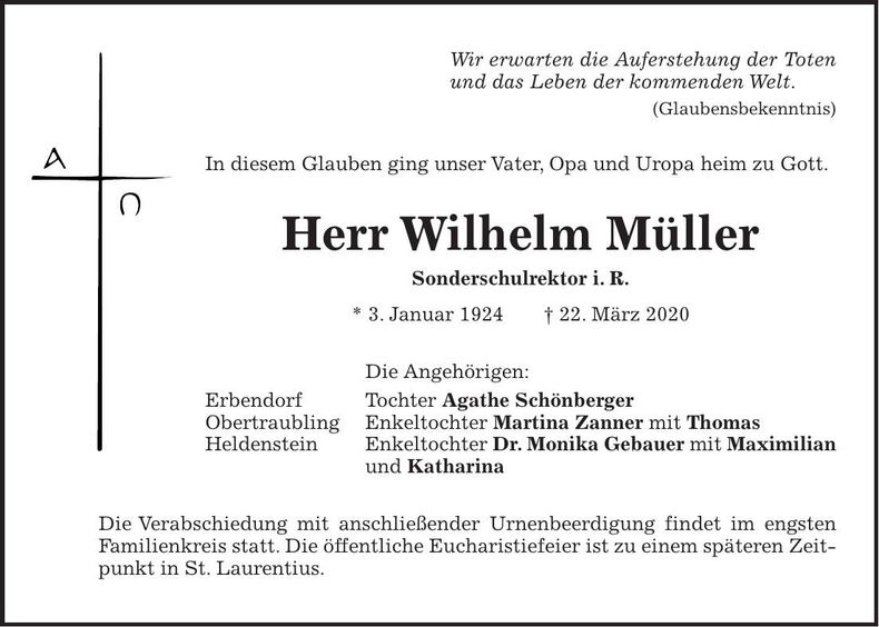 Traueranzeige Wilhelm Müller