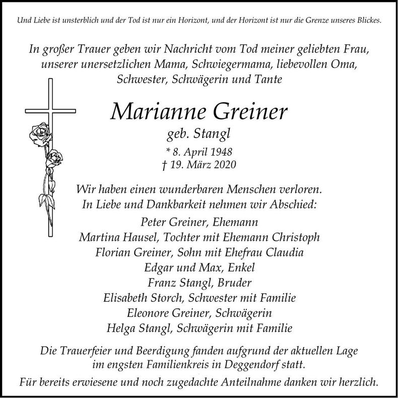 Traueranzeige Marianne Greiner