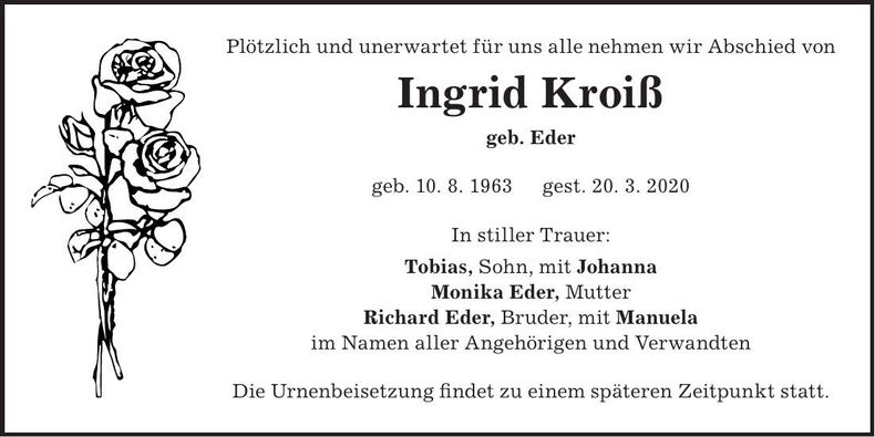 Traueranzeige Ingrid Kroiß