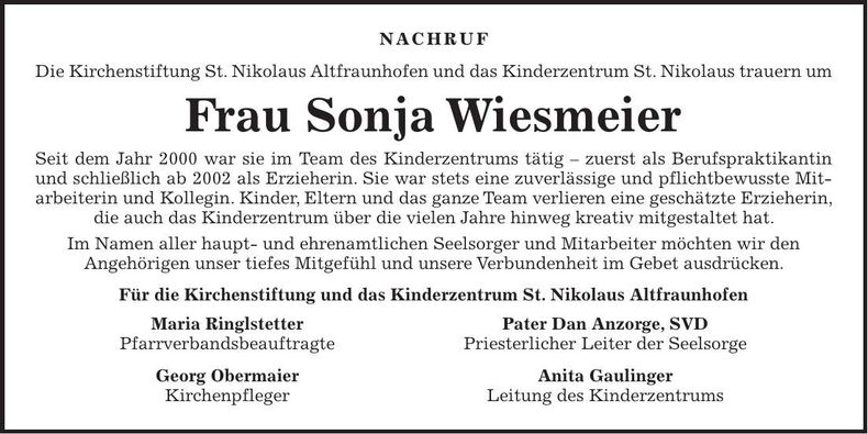 Traueranzeige Sonja Wiesmeier