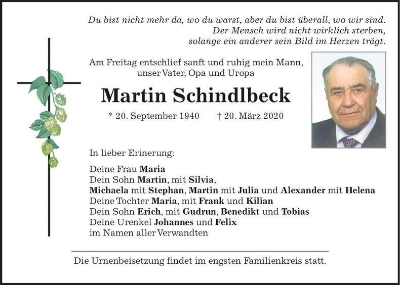 Traueranzeige Martin Schindlbeck