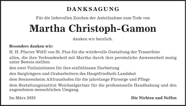Traueranzeige Martha Christoph-Gamon