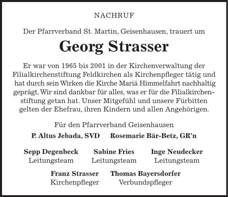Traueranzeige Georg Strasser