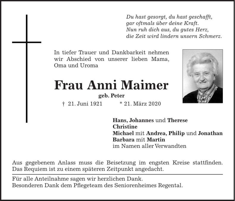 Traueranzeige Maimer Anni