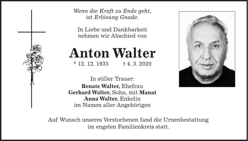 Traueranzeige Anton Walter