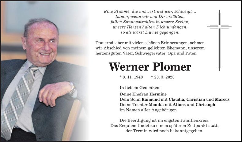 Traueranzeige Werner Plomer